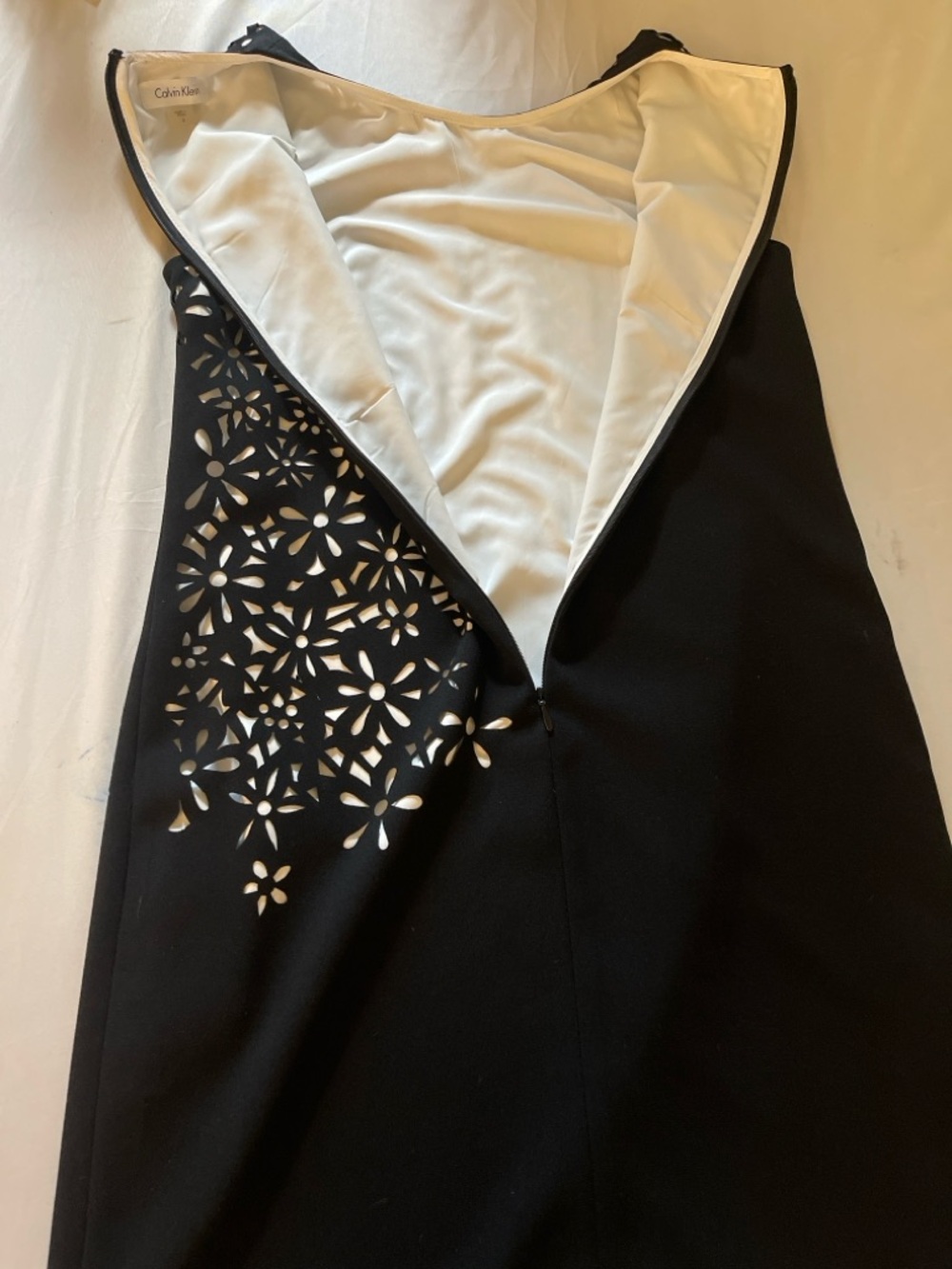 Calvin Klein Black Midi Sheath Dress with Cream Floral Cutouts - Picture 10 of 12